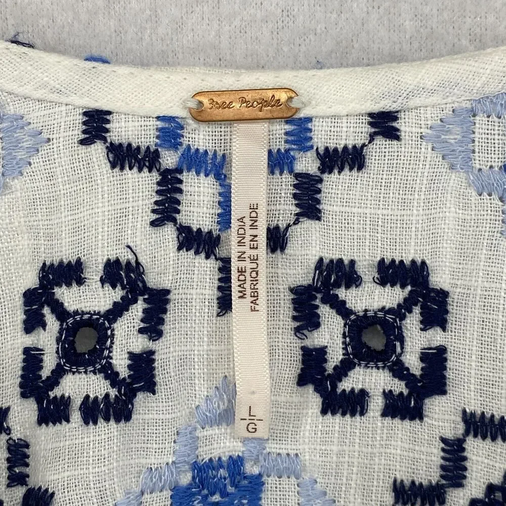 FREE PEOPLE Joni Top L Boho Embroidered Shirred Puff Sleeve Cropped White Blue